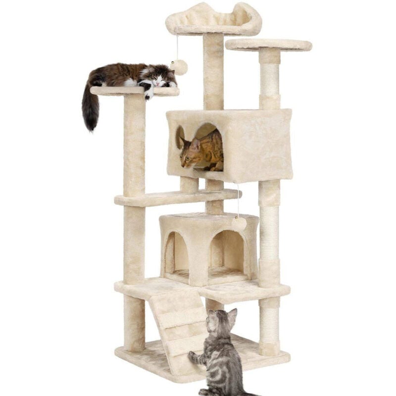 Arbre à chat, meubles grimper, hauteur 138 cm, chats avec 2 balles en peluche, corde en sisal, pour petits et grands chats, Beige