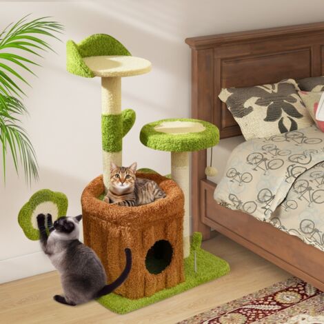 Arbre à Chat Mignon pour Chats Adultes Tour Multi-niveaux avec Condo Tronc Perchoir Fleur Lit Douillet en Peluche Pompon Vert