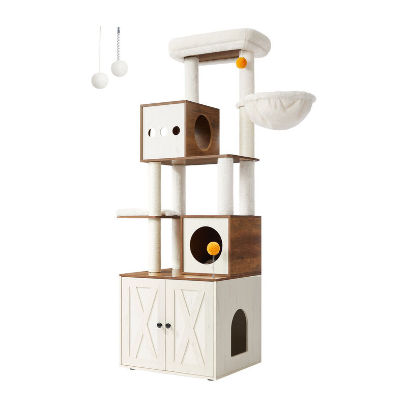 Feandrea - Arbre à Chat Moderne avec Cache-litière, Tour de Jeu, Griffoir avec Maison de Toilette, 180 cm, Niche, Plateforme, Tapis Lavables, Marron