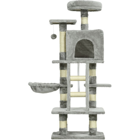 Arbre à chat multi-accessoires avec plateforme, échelle, hamac et boule suspendue (gris)