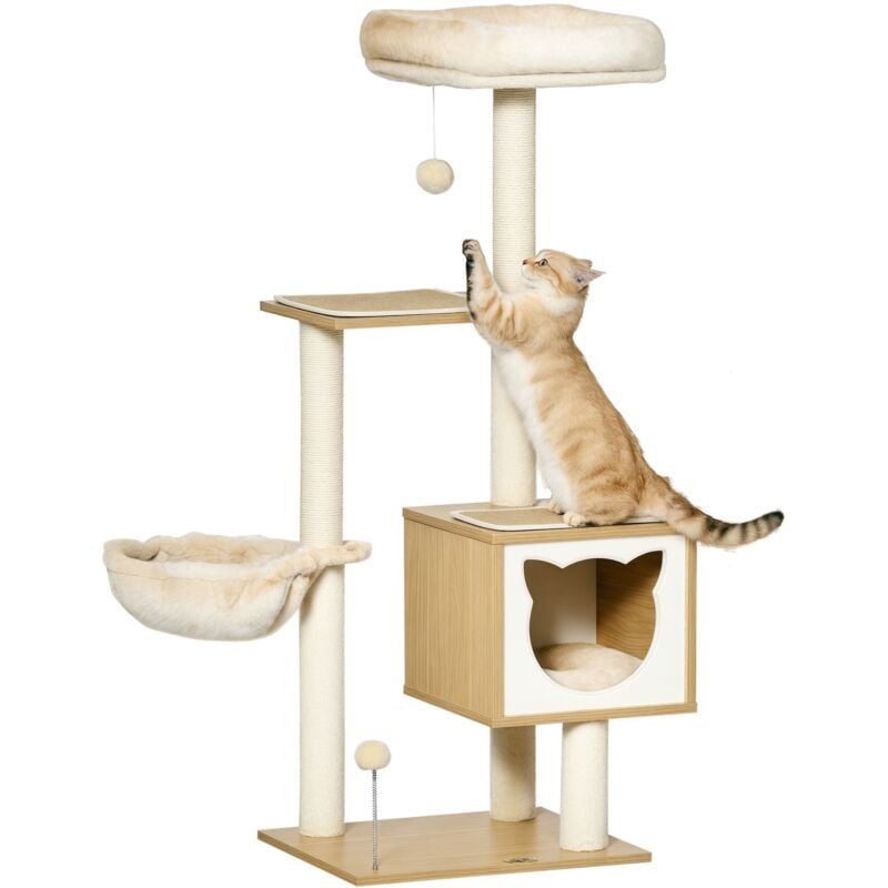 Arbre à chat multi-équipement griffoirs grattoirs niche hamac panier coussins amovibles H126 cm peluche courte sisal naturel beige