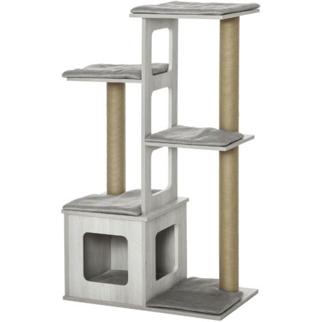 Arbre à chat multi-niveaux gris avec cabane et cordes de sisal 67x38.5x114 cm