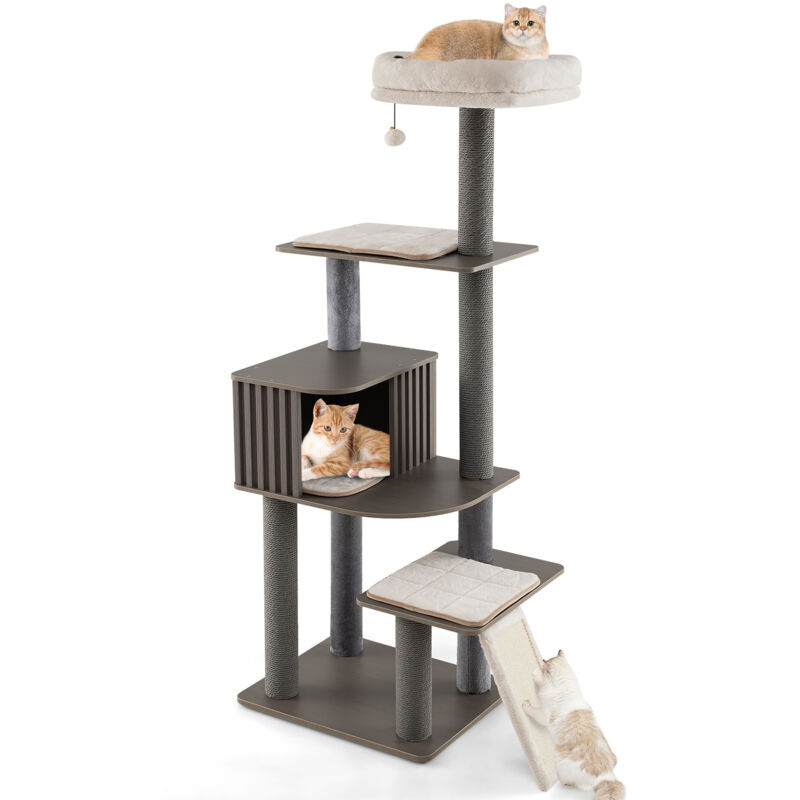 Costway - Arbre à Chat Multi-niveaux Haut 171CM, Perchoir Coussiné, Niche Style Clôture Moderne, Mobilier d'Escalade en Bois avec Boule Suspendue,