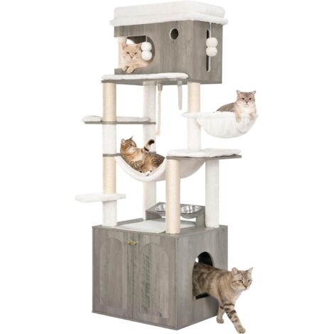 Arbre à chat multifonction 176 cm – Meuble litière avec station d'alimentation – Compartiment fermé pour intimité – Panneau de particules greige