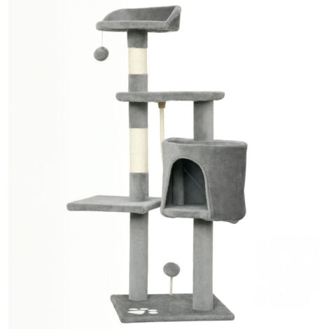 Arbre à chat multifonctionnel avec griffoirs, plateformes, cachette, corde et jouets, 40 x 40 x 114 cm, gris