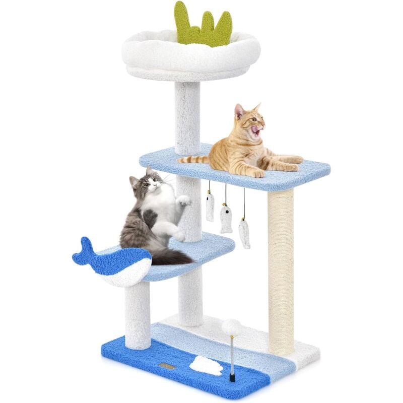 Arbre à Chat MultiNiveaux - Style Océanne - avec Grattoir en Sisal - Boule - 3 Jouets Suspendus - Perchoir Supérieur - 89cm - Goplus