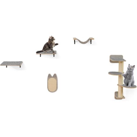 Arbre a Chat Mural, 5 Plateformes, Poteaux à Griffer et Planche à Griffer en Sisal, Hamac, Coussin Amovible, Structure Triangulaire Stable