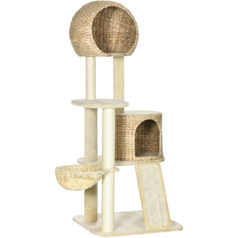 Arbre à chat niche rotin plateformes hamac rampe anti-basculement 60x60x150 cm beige structure chat intérieur