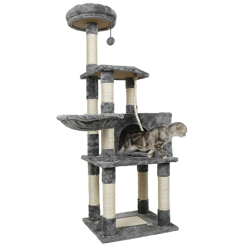 Jeobest - Arbre à Chat Palais de Chat Cadre d'escalade de Chat Planche à Gratter avec Berceau Colonnes renforcées Tour à Chats (Gris clair)