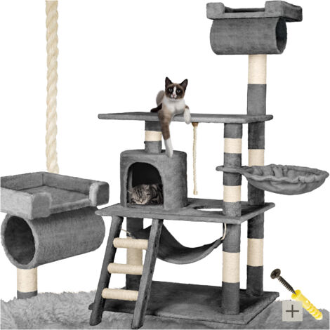 Tectake – Arbre à chat STOKELEY 141 cm – 86x49 cm – 3 niveaux – Poteaux en sisal – Cabane et corde de jeu incluses – Montage simple