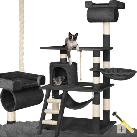 Tectake – Arbre à chat STOKELEY 141 cm – 3 niveaux avec cabane et hamac – Panneaux MDF, sisal, peluche – Corde de jeu incluse