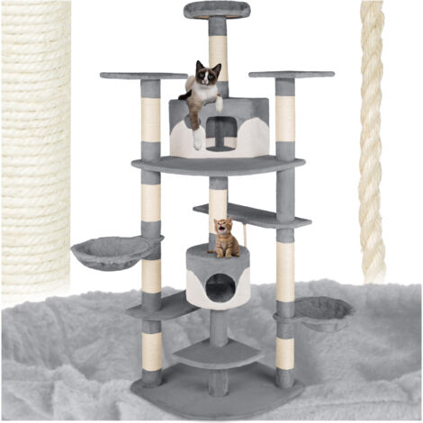 Tectake – Arbre à chat griffoir 201 cm – Système anti-basculement – 2 maisons à chat – Colonne en sisal – Couleur gris/blanc