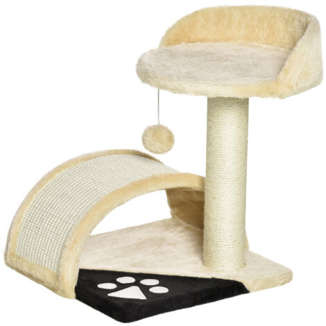 Arbre à chat PawHut 46 cm avec grotte, balle, corde sisal et plateforme surélevée pour chats jusqu'à 4 kg beige