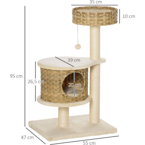 Arbre à chat PawHut 95 cm avec grotte, balle de jeu, poteaux en sisal, grande plateforme, griffoir à plusieurs niveaux, arbre à grimper, pour chats de moins de 5 kg, naturel et beige