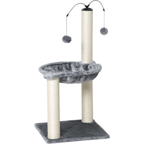Arbre à chat PawHut avec 2 poteaux à griffer, hamac en sisal naturel, structure de jeu, 2 balles suspendues, peluche courte haute densité (400 g/m²), gris