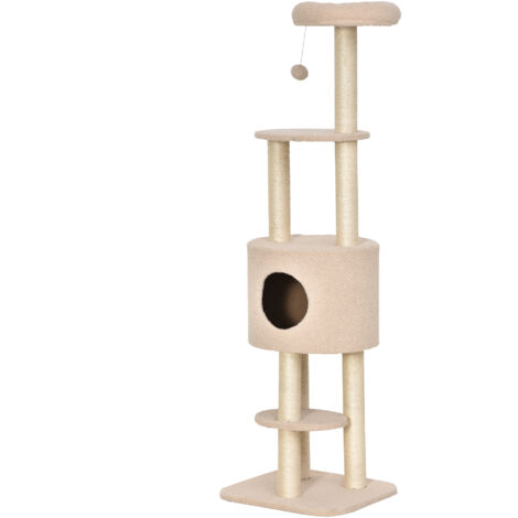Arbre à chat PawHut avec griffoir, arbre grimper pour chat, niche, plateformes peluche haute densité, hauteur 148 cm, beige