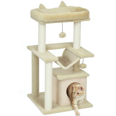 Arbre à chat PawHut avec jouets, perchoir et hamac, dimensions 48x48x90 cm, couleur crème