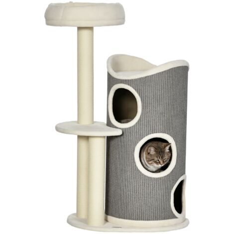Arbre à chat PawHut avec litière grattoir et coussin 60 x 44.5 x 109 cm gris naturel blanc