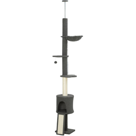 Arbre à Chat Plafond Haut 220-240 cm avec Hamac, Cabane, Plates-formes Fleurs et Poteaux en Sisal, Gris