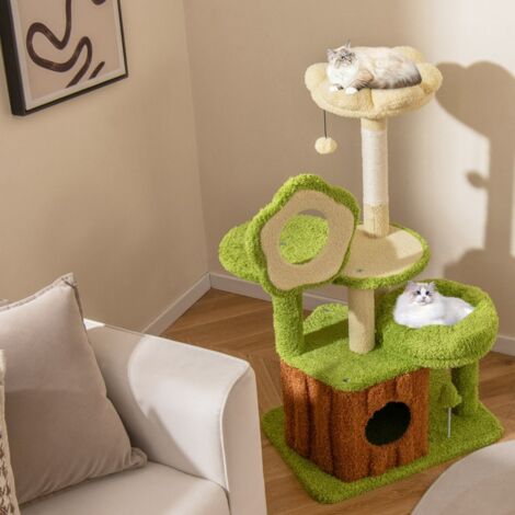 Arbre à Chat pour Chats Tour Multi-niveaux avec Condo Tronc Perchoir Fleur Lit Douillet en Peluche Pompon Jouet à Ressort Vert