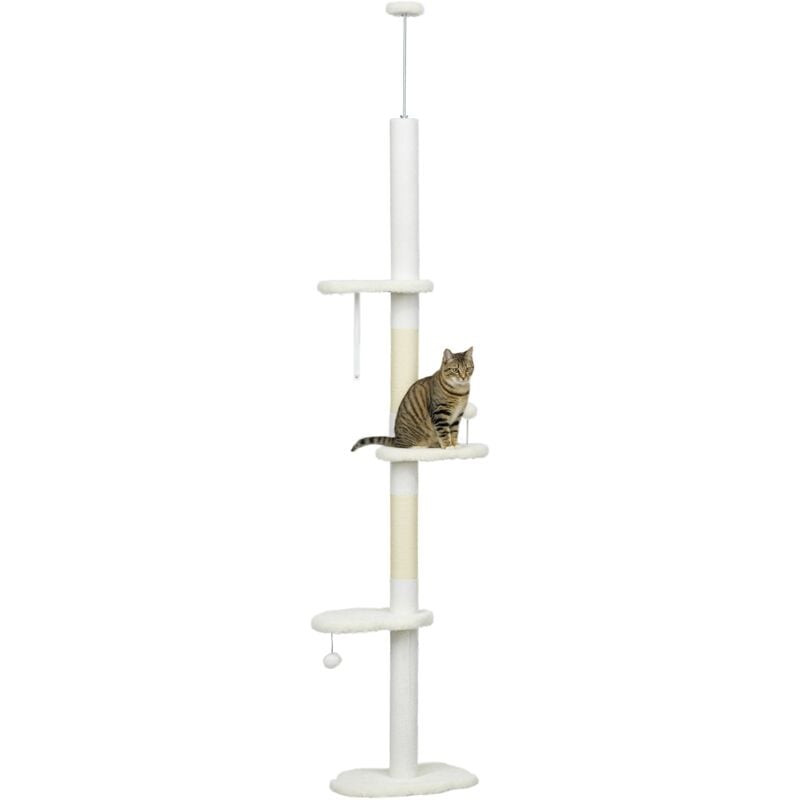 Arbre à chat réglable en hauteur 225-255 cm - tour pour chat 3 griffoirs nuages, 2 balles - blanc