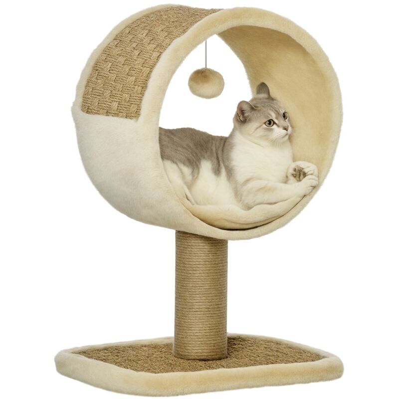 Arbre à chat rond style cosy chic griffoir grattoirs sisal jeu suspendu souris niche avec coussin cordes d'algues tressées peluche courte beige
