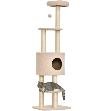Arbre à Chat Solide avec 5 Plateformes, Cabane, Niche, Jouets et Corde en Sisal, Couleur Beige, Capacité 30kg