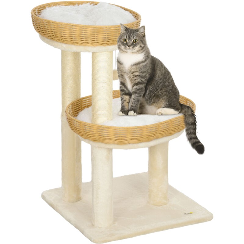 Arbre à chat style bohème aspect rotin tressé - griffoirs, 2 paniers coussins effet fourrure, balle suspendue - beige