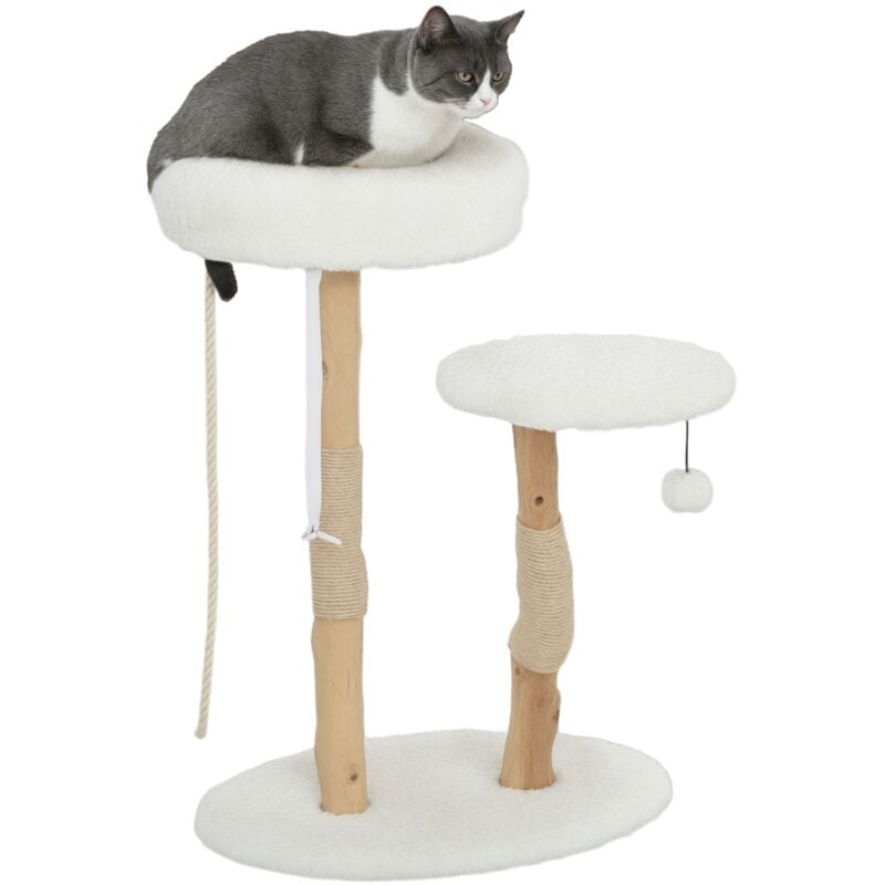 Arbre à chat style bohème chic H.85 cm plateforme panier observation corde boule bois naturel effet laine bouclée