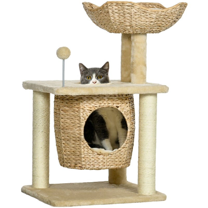 Pawhut - Arbre à chat style cosy chic griffoirs boule ressort niche panier 2 coussins inclus quenouille sisal naturel peluche beige