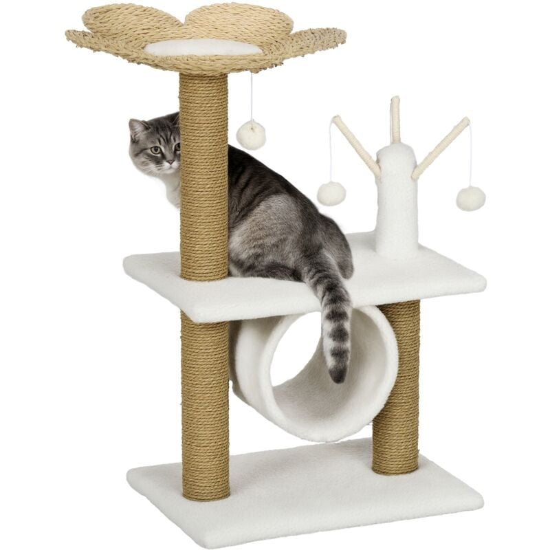 Arbre à chat style cosy chic fleur - griffoirs, tunnel, plateformes, 4 jeux de boules - peluche blanche quenouille tressée
