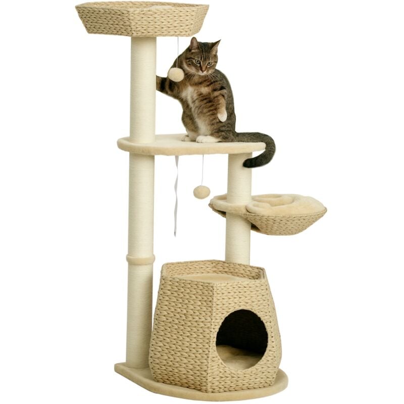 Arbre à chat style cosy chic griffoirs sisal naturel niche 2 paniers avec coussins plateforme 2 boules suspendues quenouille peluche courte crème