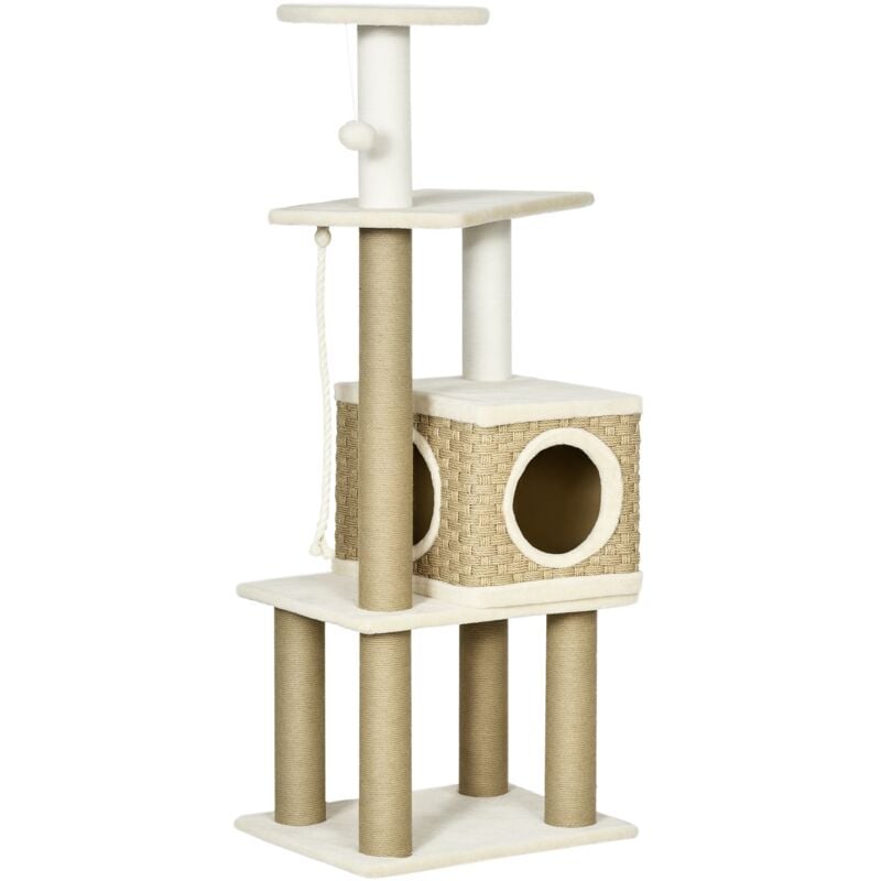 Arbre à chat style cosy chic griffoirs sisal naturel niche plateformes corde jeu boule peluche courte cordes d'algues tressées