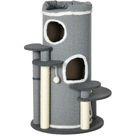 Arbre à chat tonneau gris 99 cm avec couchage, plateformes et balle ludique, mobilier d'intérieur confortable pour chats