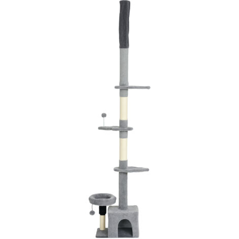 Arbre à chat, tour à chat réglable en hauteur du sol au plafond, 225-255 cm, à plusieurs niveaux, recouvert de peluche, gris