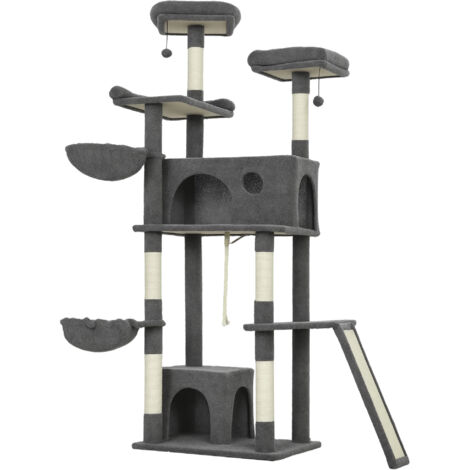 Arbre à chat tour de jeux avec griffoir, 3 lits, 2 niches, plateformes et 3 jouets suspendus, hauteur 174 cm, gris