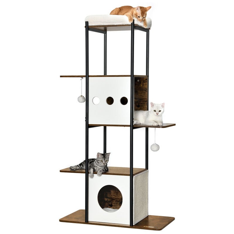 Arbre à Chat, Tour de Jeux de 153 cm, Maison Moderne pour Chat avec Griffoirs, Coussins Amovibles et Lavables, Grandes Plateformes, Marron Rustique