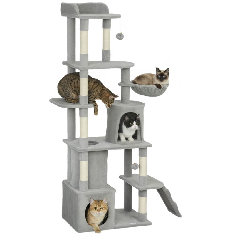 Arbre à chat - tour de jeux - PawHut - 7 poteaux à griffer, 3 platesformes, 2 niches, tunnel, hamac - 170 cm - gris foncé