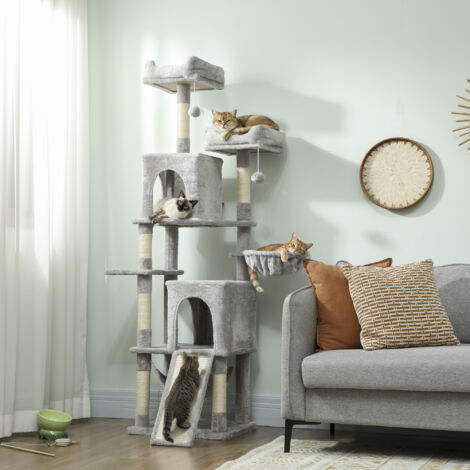 Arbre à chat tour de jeux pour chat 3 platesformes 2 niches 2 lits 2 hamacs 1 échelle hauteur 177 cm gris clair