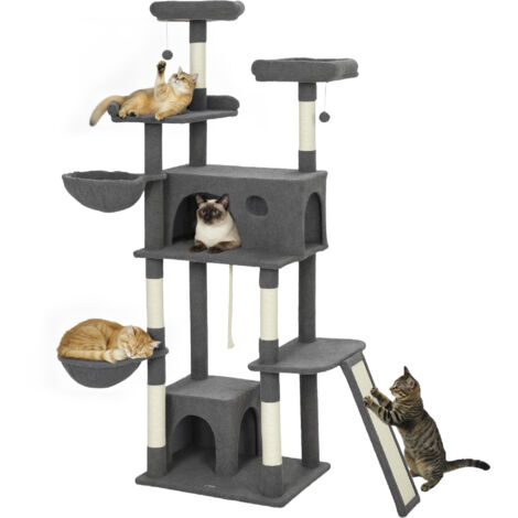 Arbre à chat tour de jeux pour chat avec griffoir 3 lits 2 niches plateformes et 3 jouets suspendus hauteur 174 cm gris