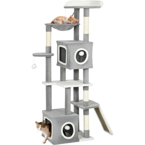 Arbre à chat tour de jeux pour chats centre d'activités 2 niches plateformes hamac échelle et 4 pompons 165 cm gris-Gris
