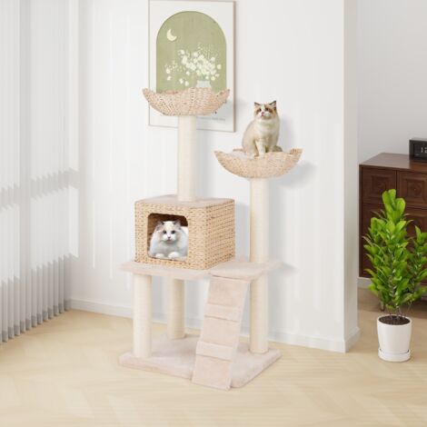 Arbre à Chat Tour en Forme de Quenouille de 122 cm Poteaux à Gratter en Sisal Perchoir Condo Panier Echelle Coussins Lavables Beige