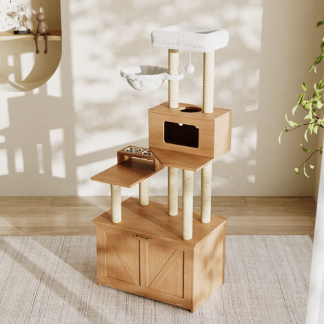 Arbre à chat tout en un gamelle hamac armoire pour litière MDF et peluche bois 80×50×173 cm naturel