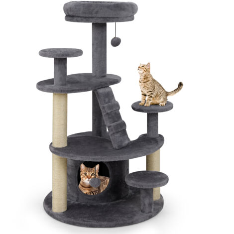 Arbre à Chat XXL 101CM, 2 Poteaux à Griffer en Sisal, 7 Plateforme, Condo, Échelle d'Escalade, 2 Pompons Suspendu, pour Chats Âgés/Nains, Gris