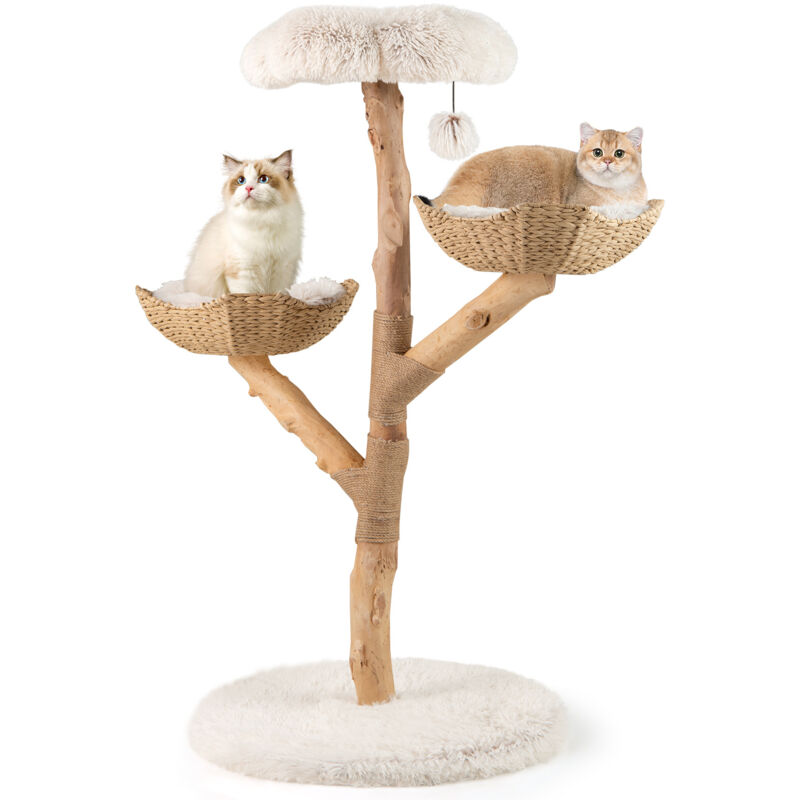 Costway – Arbre à chat XXL 122 cm – Bois massif – 2 paniers tressés – Poteau à griffer en jute – Tour de jeu pour chaton