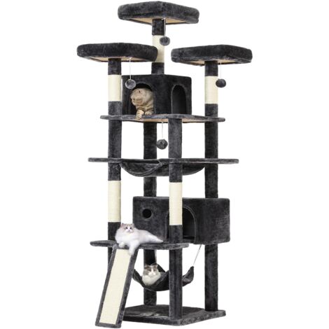 Arbre à chat XXL 194 cm – 3 plate-formes, 2 niches, 2 hamacs, 1 planche à gratter – Poteaux en sisal – Montage au sol – Gris foncé