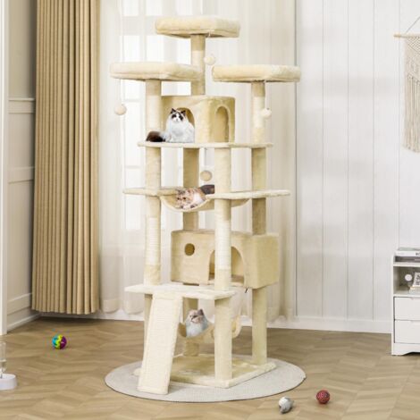 Arbre à chat XXL 194 cm – 3 plate-formes – 2 niches spacieuses – 2 hamacs – 1 planche à gratter – Poteaux en sisal – Beige