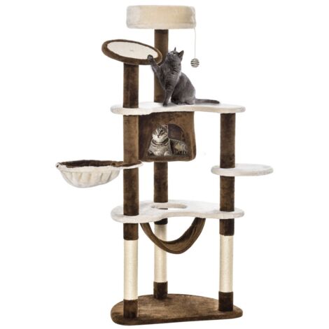 Arbre à chat XXL avec cabane-hamac-griffoir-peluche marron-jeu et détente-65x50x153cm
