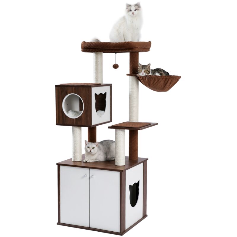 Grand Arbre à Chat xxl en Bois Deluxe avec Cabinet, Bac à Litière, Poteau Griffoir Luxeux, 150cm, Marron - Pawz Road