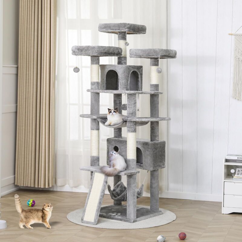 Frhnenha - Arbre à Chat xxl Hauteur 194 cm, avec 3 Grandes Plate-Formes, 2 Niches Spacieuses, 2 Hamacs et 1 Planche à Gratter, Multi-Niveau avec